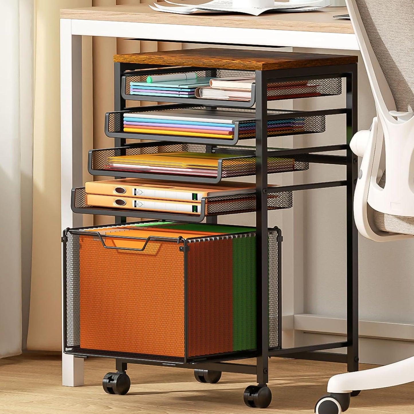 5-Tier Rolling File Cart Under Desk with Drawers, File Cabinet Organizer for Hanging File Folders, Letter-Size File Storage with Wheels, Multi-Layer Mobile Filing Cabinet for Under Desk Storage