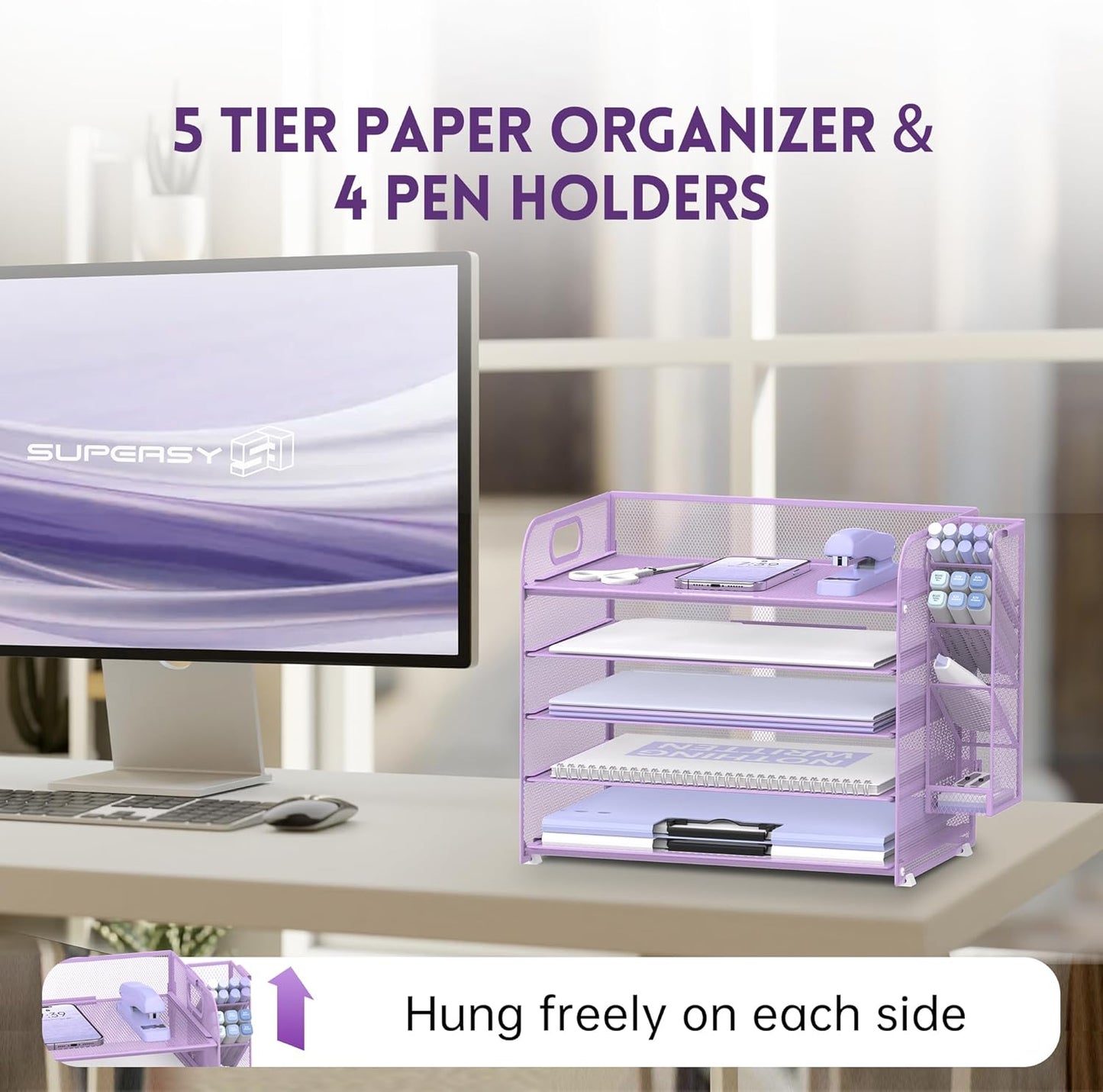 SUPEASY 5 Tier Desk Organizer with Handle & Removable Pen Holders, Mesh Paper/File Organizer for Desk, Paper Letter Tray Organizer for Office Supplies (Black)