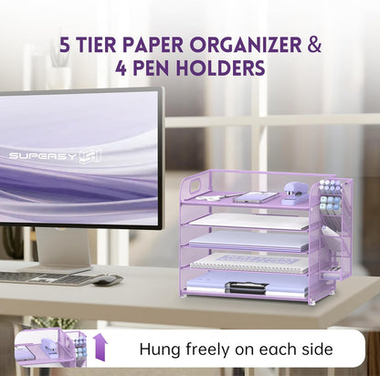 SUPEASY 5 Tier Desk Organizer with Handle & Removable Pen Holders, Mesh Paper/File Organizer for Desk, Paper Letter Tray Organizer for Office Supplies (Black)