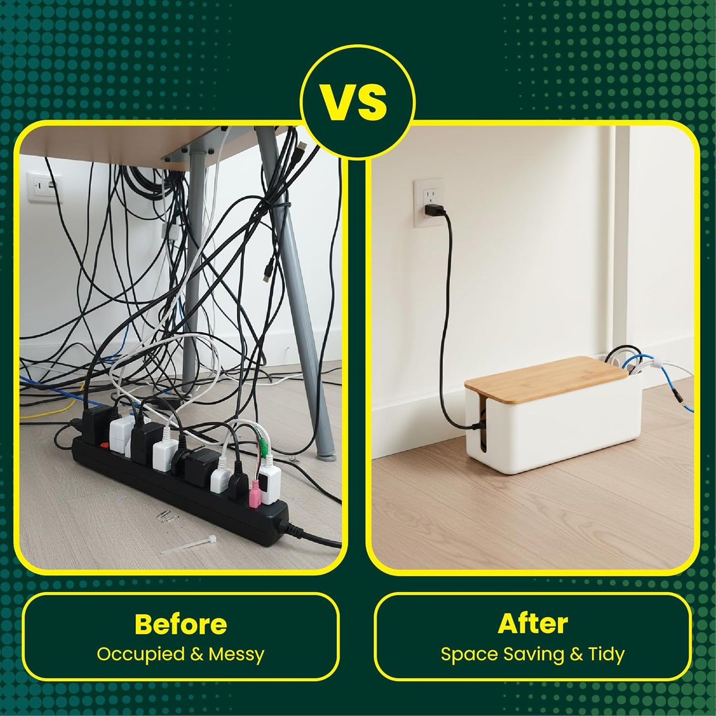 Cable Management Box, 7 Holes, 12x5x4.5 inches, Wooden Lid Cable Organizer Box for Desk to Hide Power Strips, Tv Wires, ABS Material Cord Cover (2 Holes)