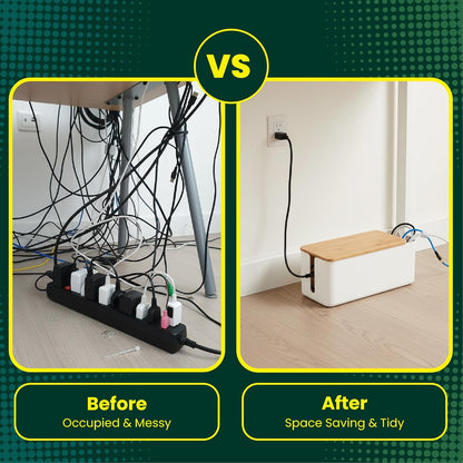 Cable Management Box, 7 Holes, 12x5x4.5 inches, Wooden Lid Cable Organizer Box for Desk to Hide Power Strips, Tv Wires, ABS Material Cord Cover (2 Holes)