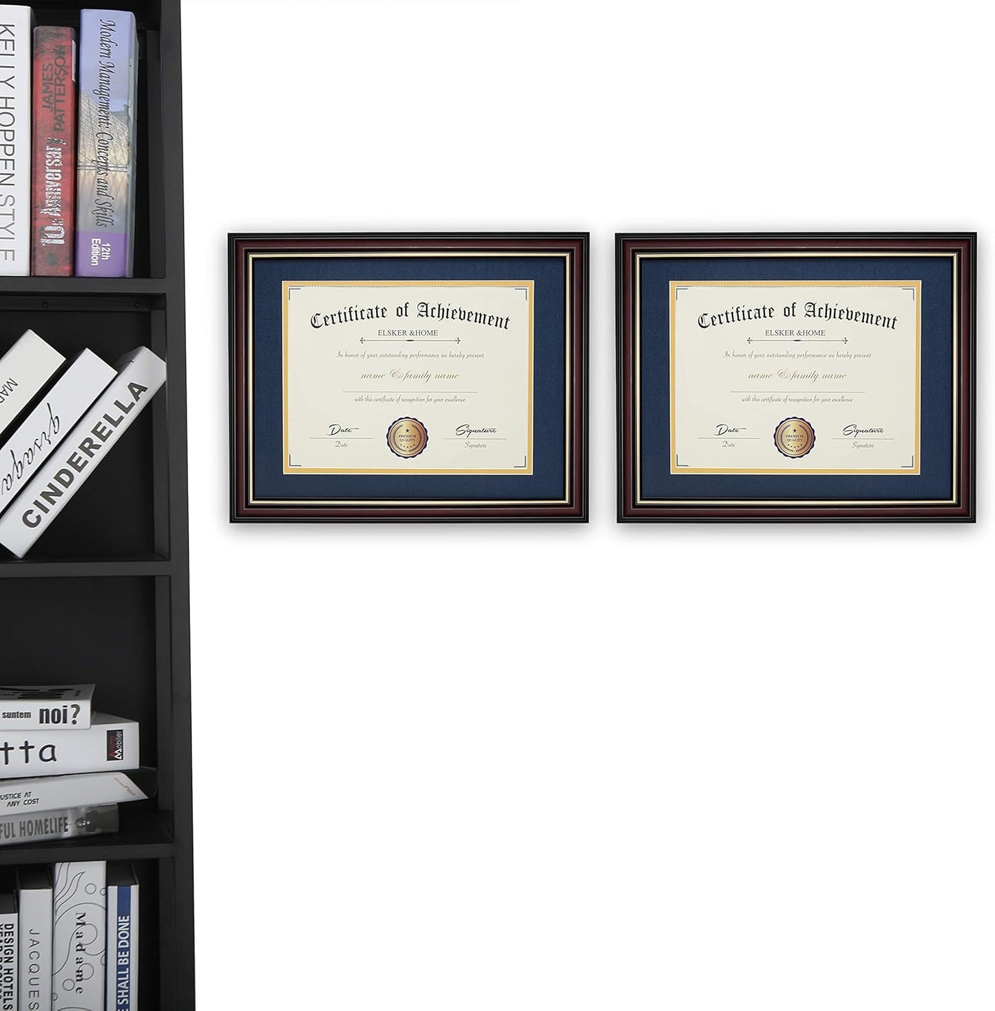 ELSKER&HOME Diploma Frame - Wide Solid Wood Frame - Black Velvet Golden Rim Mat - Semi-Tempered Glass - Includes Hanging Hardware and Desktop Easel(ONLY Display 11×14 Document/Certificate)
