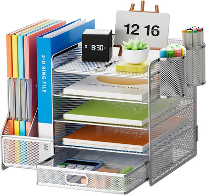 Marbrasse Desk Organizer with File Holder, 5-Tier Paper Letter Tray Organizer with Drawer and 2 Pen Holder, Mesh Desktop Organizer and Storage with Magazine Holder for Office Supplies(Black)