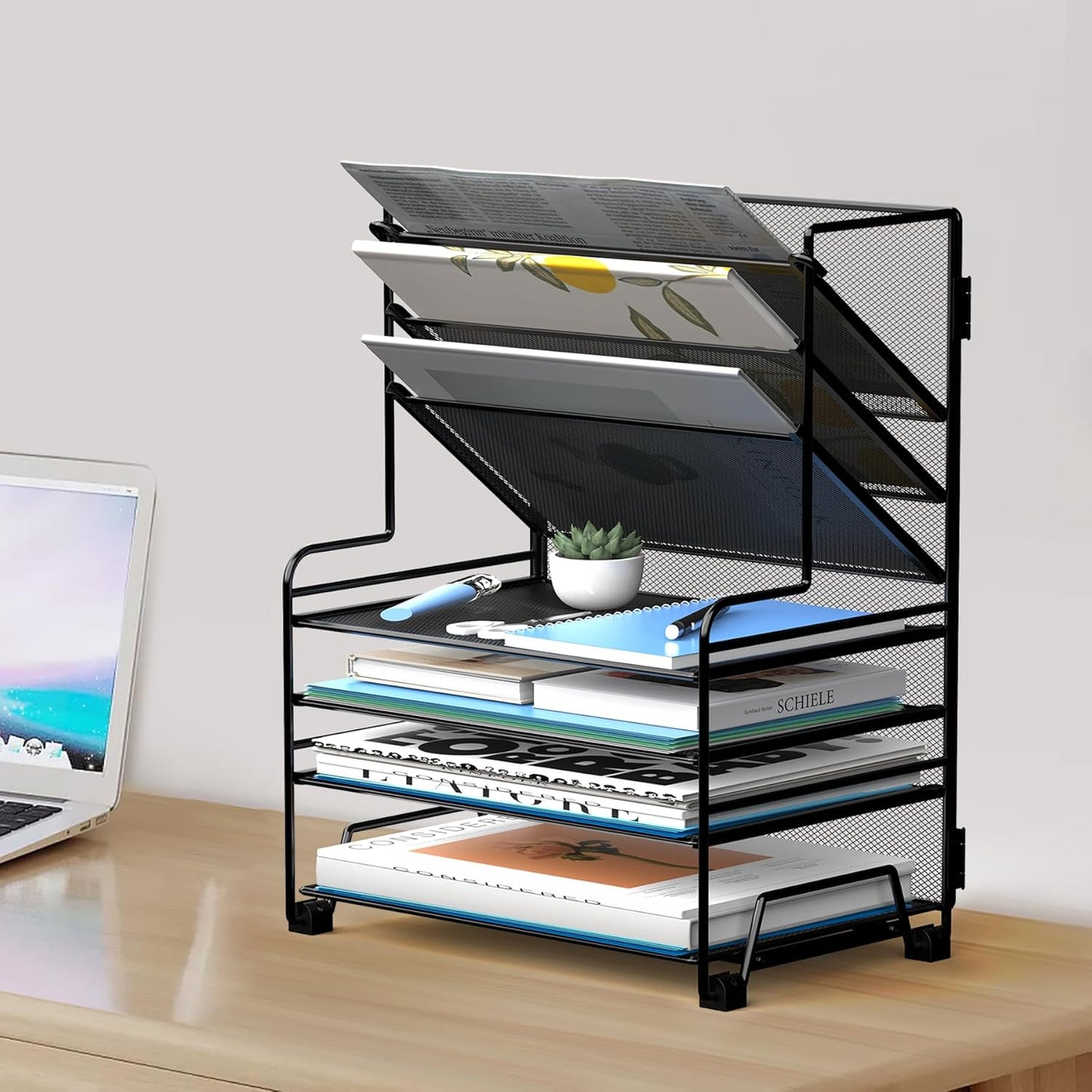 MINDEPOT 4-Tier Paper Organizer + 3-Pocket File Holder + Drawer + Pen Holders, Desktop File Organizers Paper Tray for Office Accessories School Classroom Organization (Black)