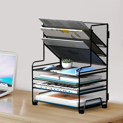 MINDEPOT 4-Tier Paper Organizer + 3-Pocket File Holder + Drawer + Pen Holders, Desktop File Organizers Paper Tray for Office Accessories School Classroom Organization (Black)