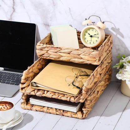 Geelin 3 Pack Water Hyacinth Woven Stackable Desk Organizer Letter Tray, Brown Tabletop Desk Basket for Storage Paper Letter Folders Notebooks Copy Print, Workspace Holder