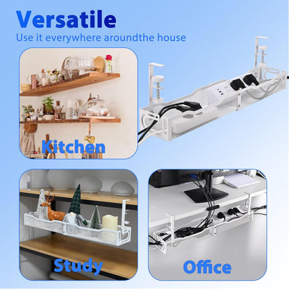 Under Desk Cable Management Box 25.3 Inch – Clamp-Mounted Cable Organizer Tray, Large Cord Management Box for Office & Home, Wire Organizer Under Desk Storage, White