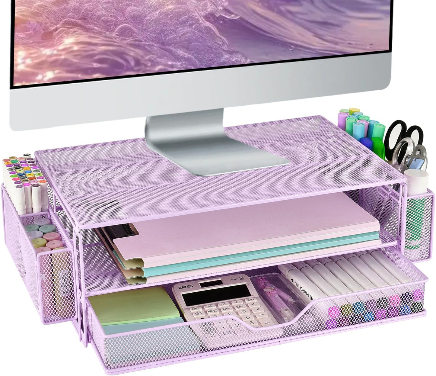 AUPSEN Wood Desk Organizers and Accessories, 2-Tier Computer Monitor Stand Riser with Drawer, Pen Storage & Phone Holder, Office Desk Accessories, Workspace Desktop Organization for Office Supplies（Brown）