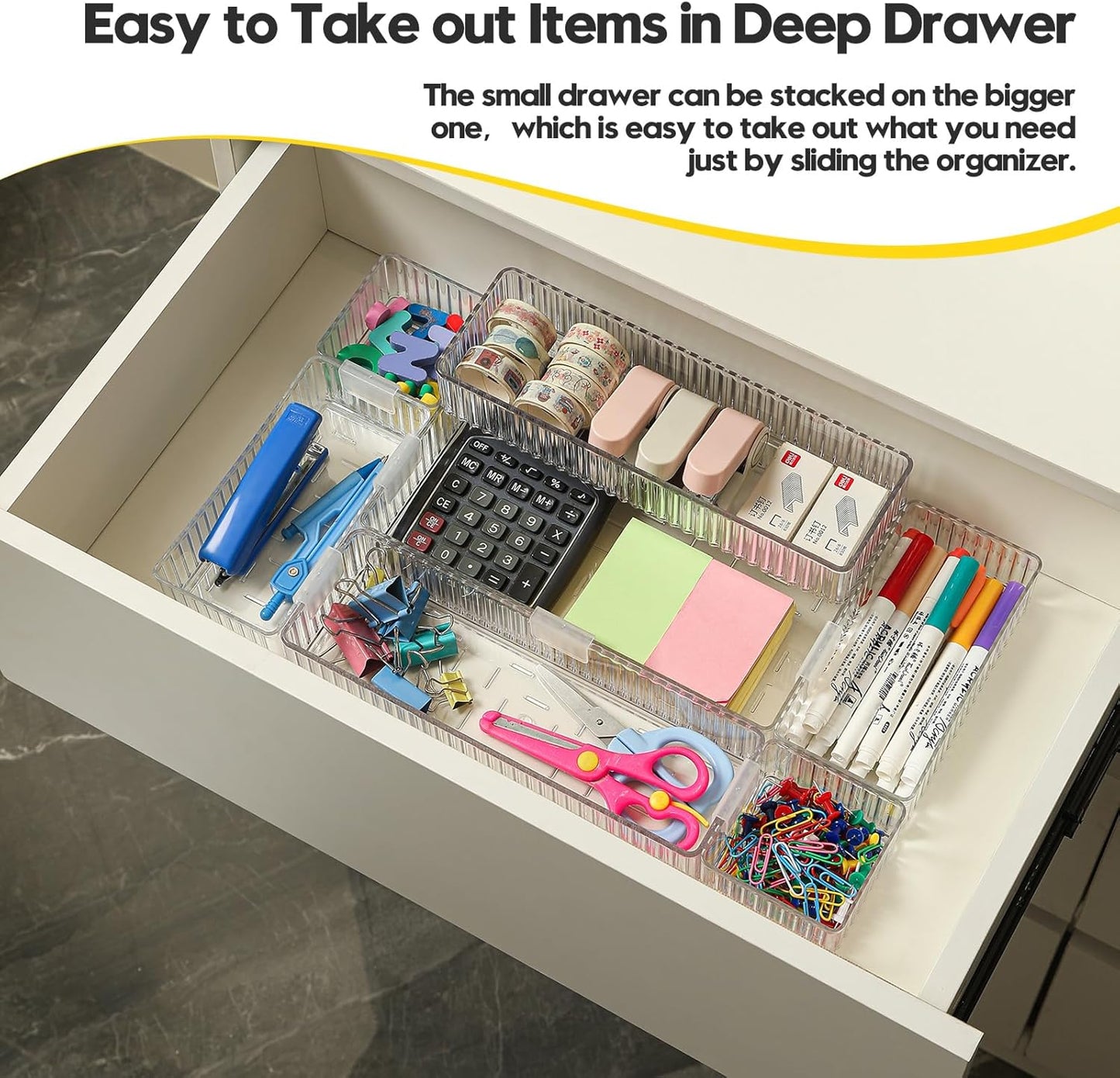 Drawer Organizer Bins, 7 Pcs Clear Stackable Makeup & Desk Organizer with Interlocking Clips, 4 Sizes Vanity Drawer Trays for Bathroom Cosmetic, Home Office & Kitchen