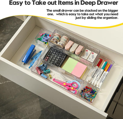 Drawer Organizer Bins, 7 Pcs Clear Stackable Makeup & Desk Organizer with Interlocking Clips, 4 Sizes Vanity Drawer Trays for Bathroom Cosmetic, Home Office & Kitchen