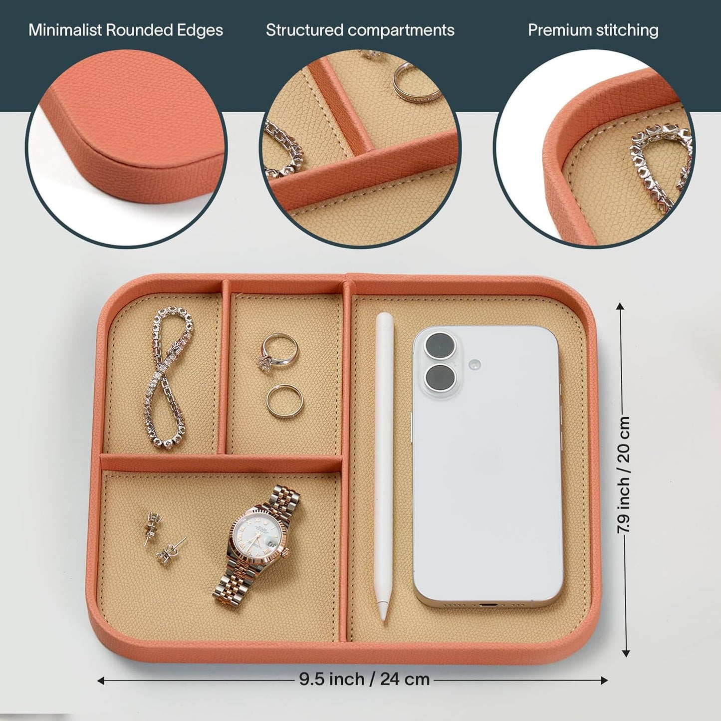 Nordik Leather Valet Tray - Sand Brown - 9.5 x 7.9 Inch Medium Vegan Leather Tray - Stylish Nightstand Organizer for Men - Modern Bedside Caddy - EDC Catchall for Key Watch Wallet Jewellery