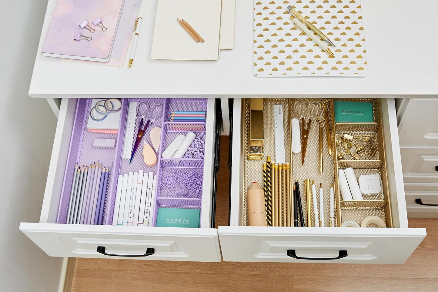 Annova Desk Drawer Organizer Tray for Office Organization - Metal Mesh - Storage Tray with Dividers for Pens, Desktop Accessories, Bathroom, Kitchen, Makeup and Office Supplies (Small, Gold)