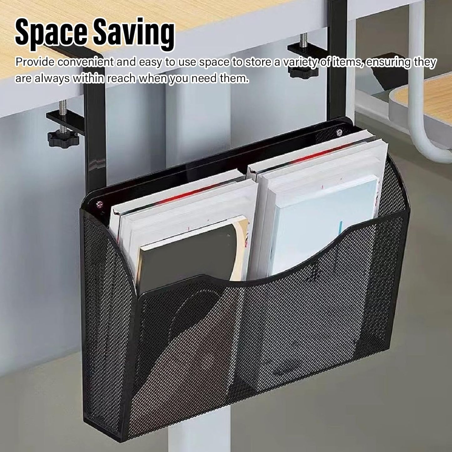 Asixxsix Under Desk Drawer, Desk Side Storage, Hanging Desk Organizer, Clamp On Desk Organizer, Mesh Metal Desk Drawer, Side Desk Organizer for Office and Home (White)