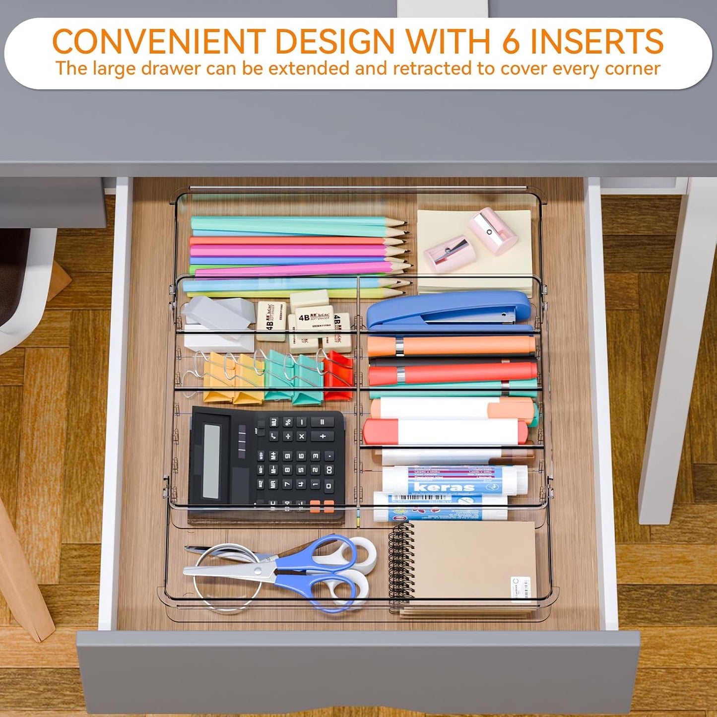 Yieach Large Expandable Desk Drawer Organizer Tray for Office Supplies and Accessories With 12 Adjustable Compartments,Office Drawer Organizers for Pencil,Pen and Kitchen Junk Drawer Organizer,Clear