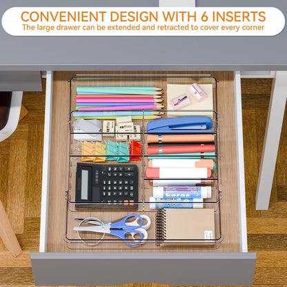 Yieach Large Expandable Desk Drawer Organizer Tray for Office Supplies and Accessories With 12 Adjustable Compartments,Office Drawer Organizers for Pencil,Pen and Kitchen Junk Drawer Organizer,Clear