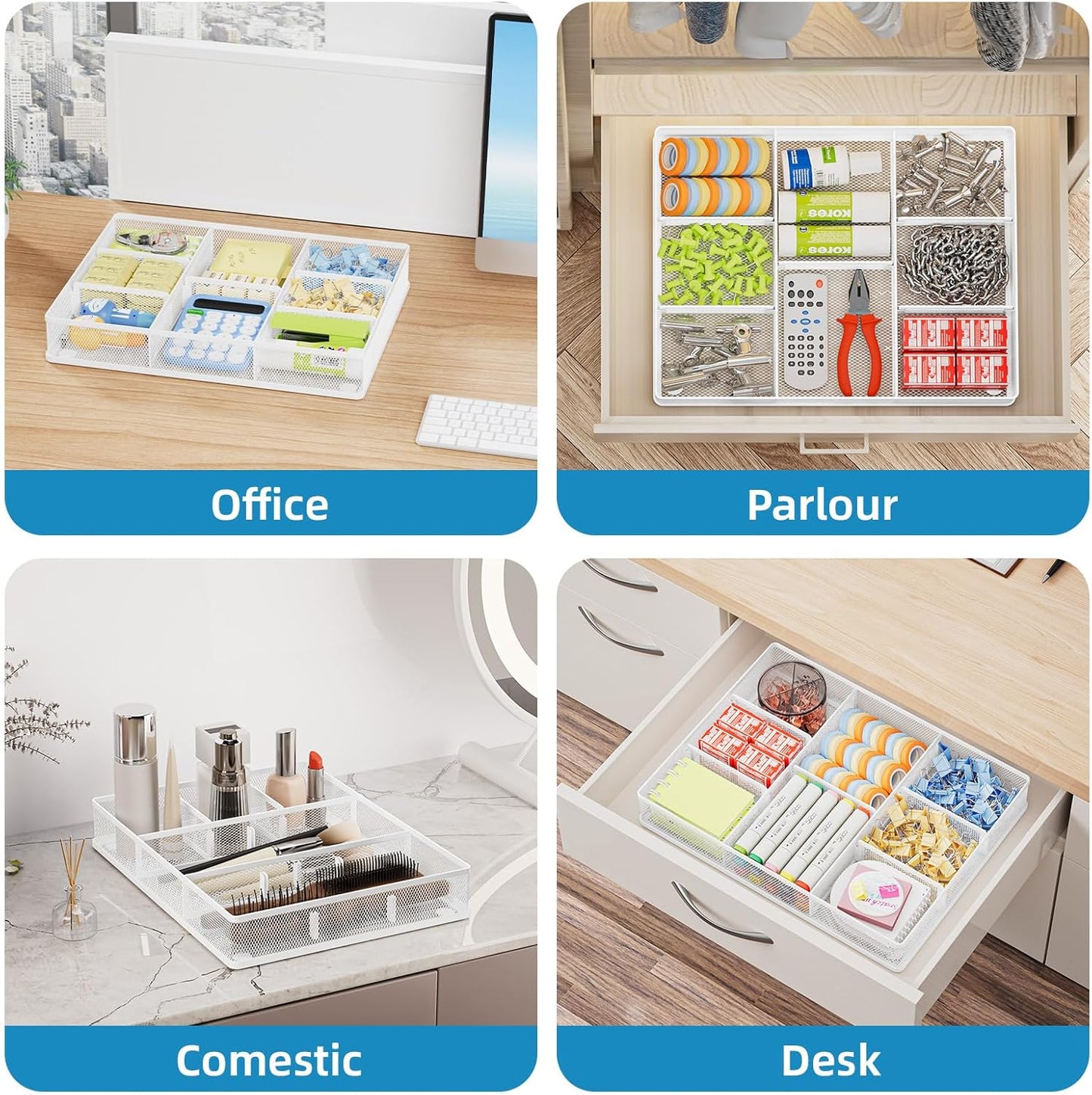 Marbrasse Desk Drawer Organizer, Metal Mesh Drawer Organizer Tray with 5 Adjustable Compartments,Desk Organizers and Accessories for Home,Office,Kitchen,Makeup,Vanity (Black)