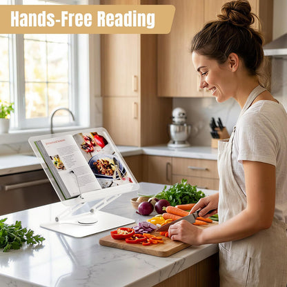 HAUTOCO Adjustable Acrylic Book Stand for Reading, 360° Rotating Base, Foldable Desktop Book Holder with Elastic Page Clips, Hands-Free Cookbook Stand for Laptop, Tablet, Recipe, Textbook, Music Score