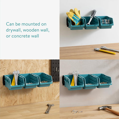 Navaris Storage Bins - Interlocking Plastic Van Boxes - Wall Mounted Compartments for Screws Nails Small Tool Parts - Workshop Garage Drawer Shed Organiser - 12 Bins & 3 Rails