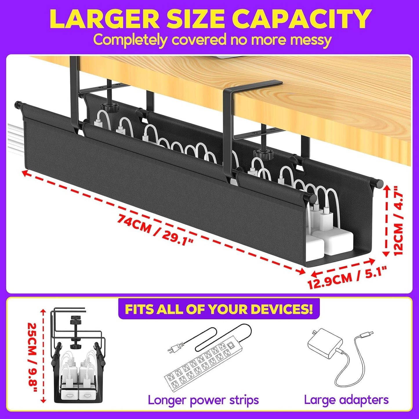 Large Under Desk Cable Management Tray, REFLYING 43.7" Cable Management Under Desk No Drill,Adjustable Clamp Cord Wire Organizer, Cord Hider for Standing Table, Wire Hider for Office,Home (Large)