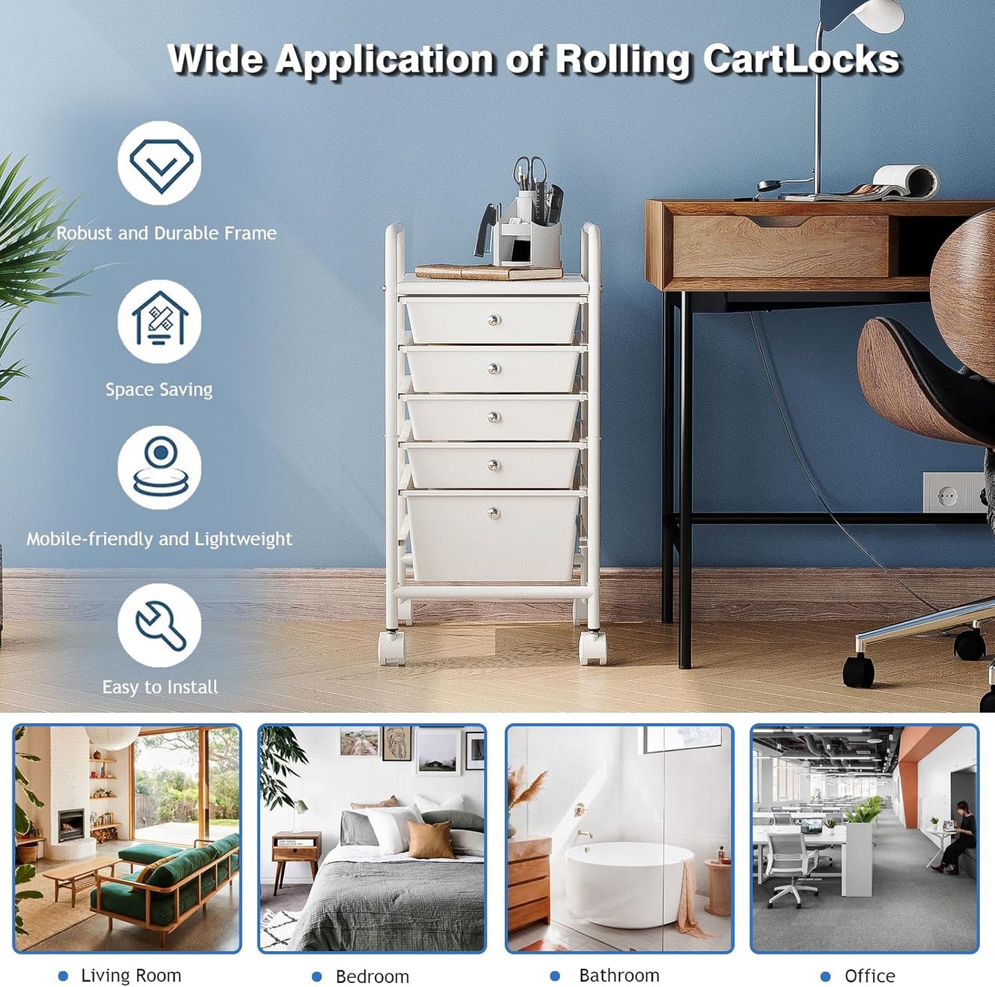 4-Tier Utility Cart with 4 Drawers, Rolling Utility Cart with 2 Lockable Caster Wheels, Multipurpose Mobile Rolling Drawer Cart for Office Bathroom Kitchen, Ivory White