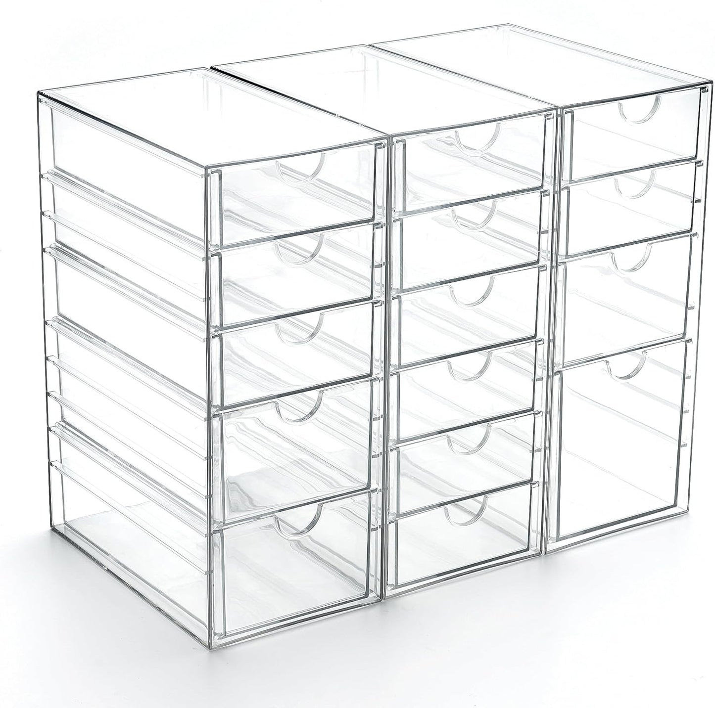 Prsildan Acrylic Makeup Organizer, 2 Pack Stackable Storage Drawers with 6 Drawers for Office Desk Vanity Craft Room Clear Drawer Organizers for Hair Accessories Art Supplies Cosmetics Modular System