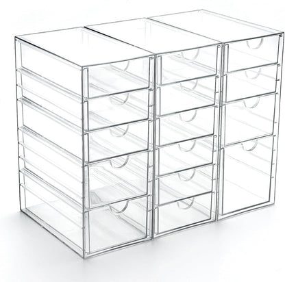 Prsildan Acrylic Makeup Organizer, 2 Pack Stackable Storage Drawers with 6 Drawers for Office Desk Vanity Craft Room Clear Drawer Organizers for Hair Accessories Art Supplies Cosmetics Modular System