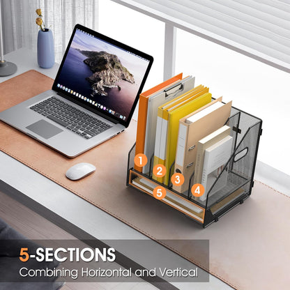 Desk File Folder Holder Organizer-5 Vertical Compartments Racks and Paper Letter Tray,Mesh Magazine File Holder Sorter,Desktop Accessories & Workspace Organizers for Home,Office,School-Black
