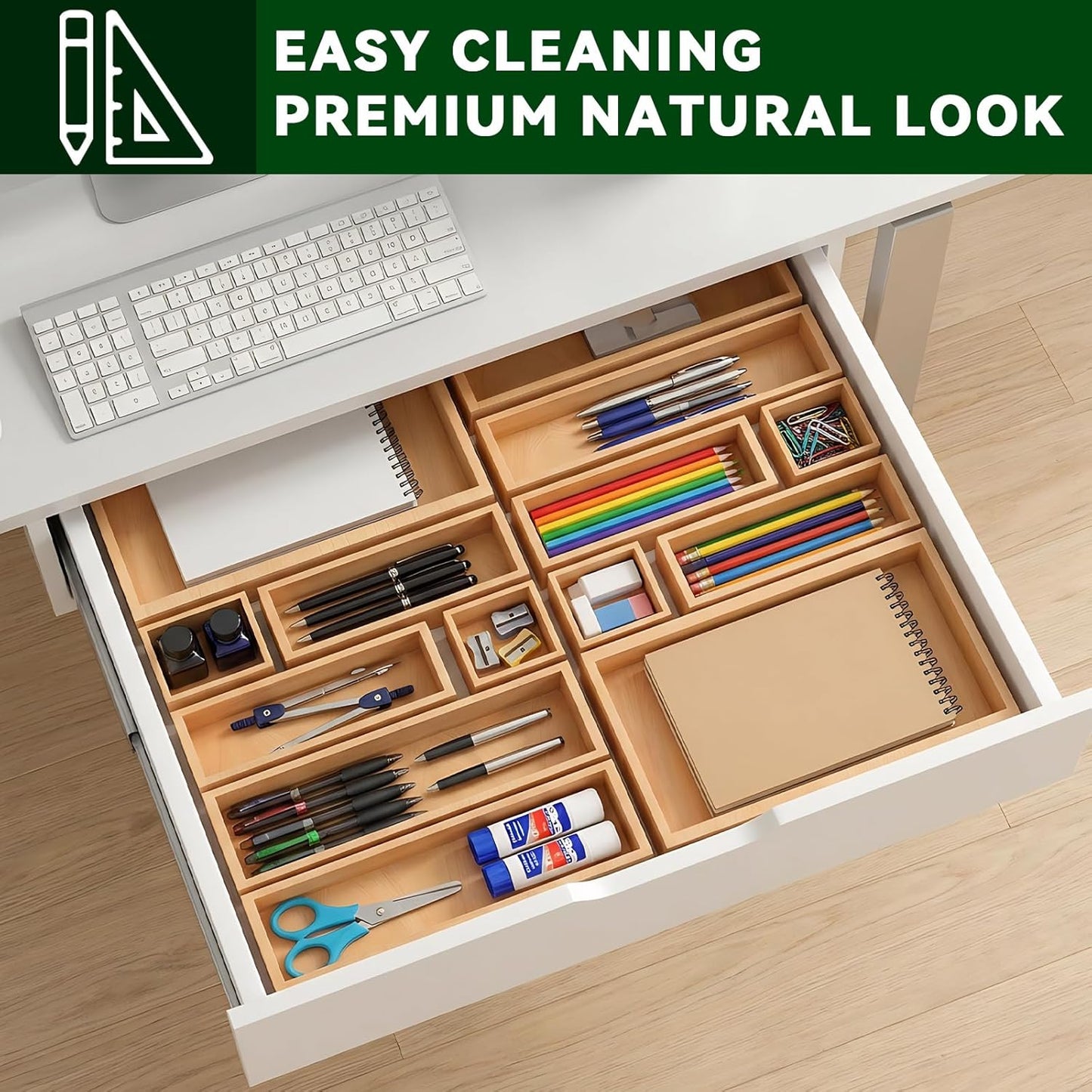 Bamboo Drawer Organizer 5 Pcs for Kitchen Multi-purpose Storage Dividers for Kitchen, Office, Jewelry, Cosmetics, Wooden Drawer Dividers for Drawer Organizer Desk Organizer Gift for Women Gifts Idea