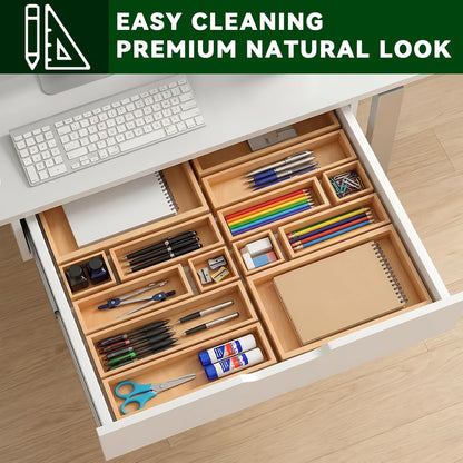 Bamboo Drawer Organizer 5 Pcs for Kitchen Multi-purpose Storage Dividers for Kitchen, Office, Jewelry, Cosmetics, Wooden Drawer Dividers for Drawer Organizer Desk Organizer Gift for Women Gifts Idea
