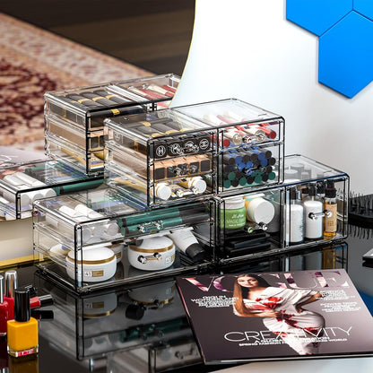 Cq acrylic 2 Pack Clear Desk Organizer With Drawers,Stackable 6 Drawers Skincare Organizer,Cute Skin Care Organizers for Vanity Hair Clip,Jewelry,Beauty Product Desk and Makeup Organizers Countertop