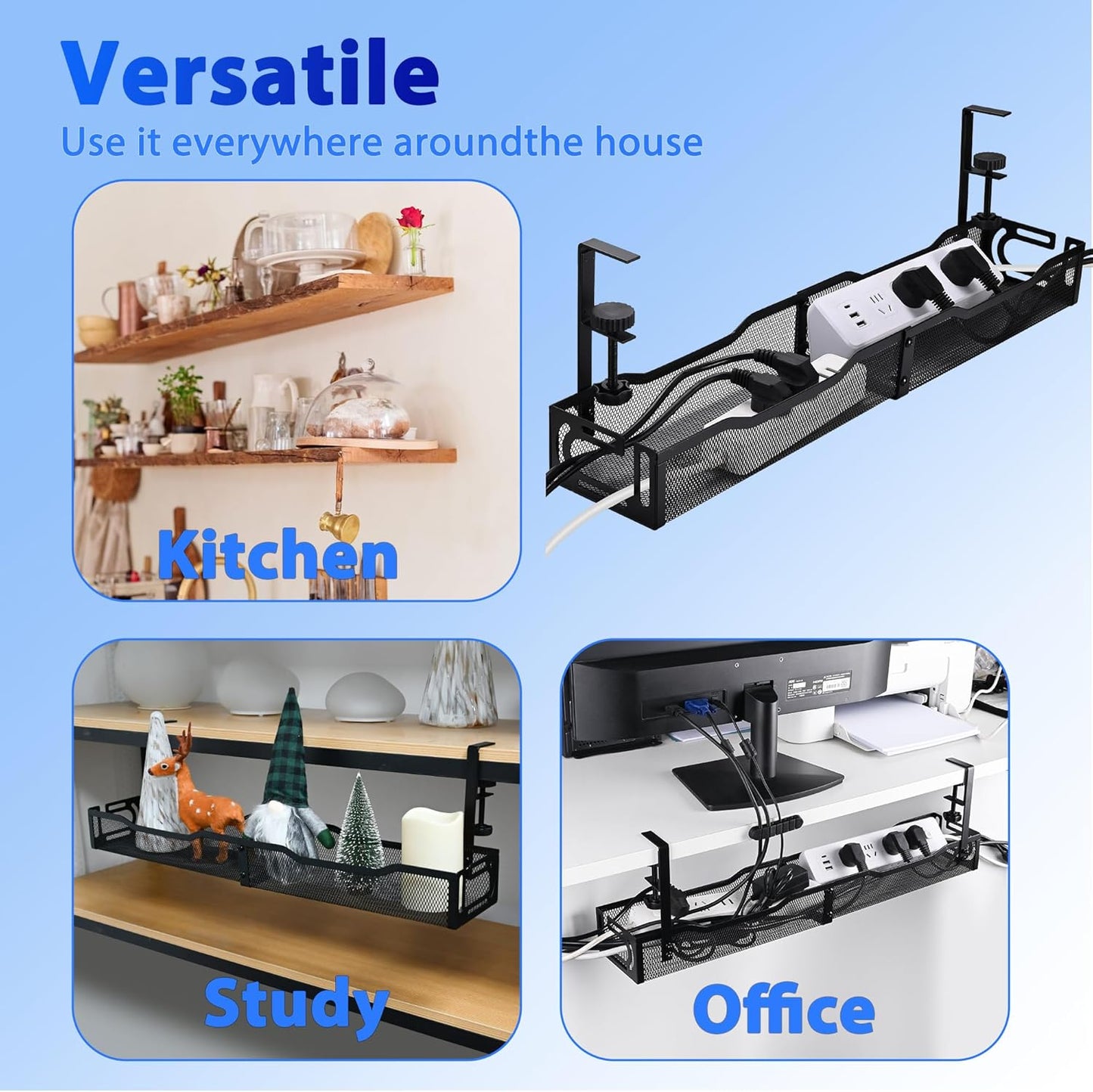 Under Desk Cable Management Box 25.3 Inch – Clamp-Mounted Cable Organizer Tray, Large Cord Management Box for Office & Home, Wire Organizer Under Desk Storage, White