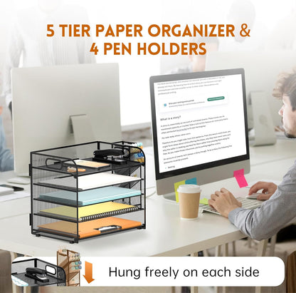 SUPEASY 5 Tier Desk Organizer with Handle & Removable Pen Holders, Mesh Paper/File Organizer for Desk, Paper Letter Tray Organizer for Office Supplies (Black)