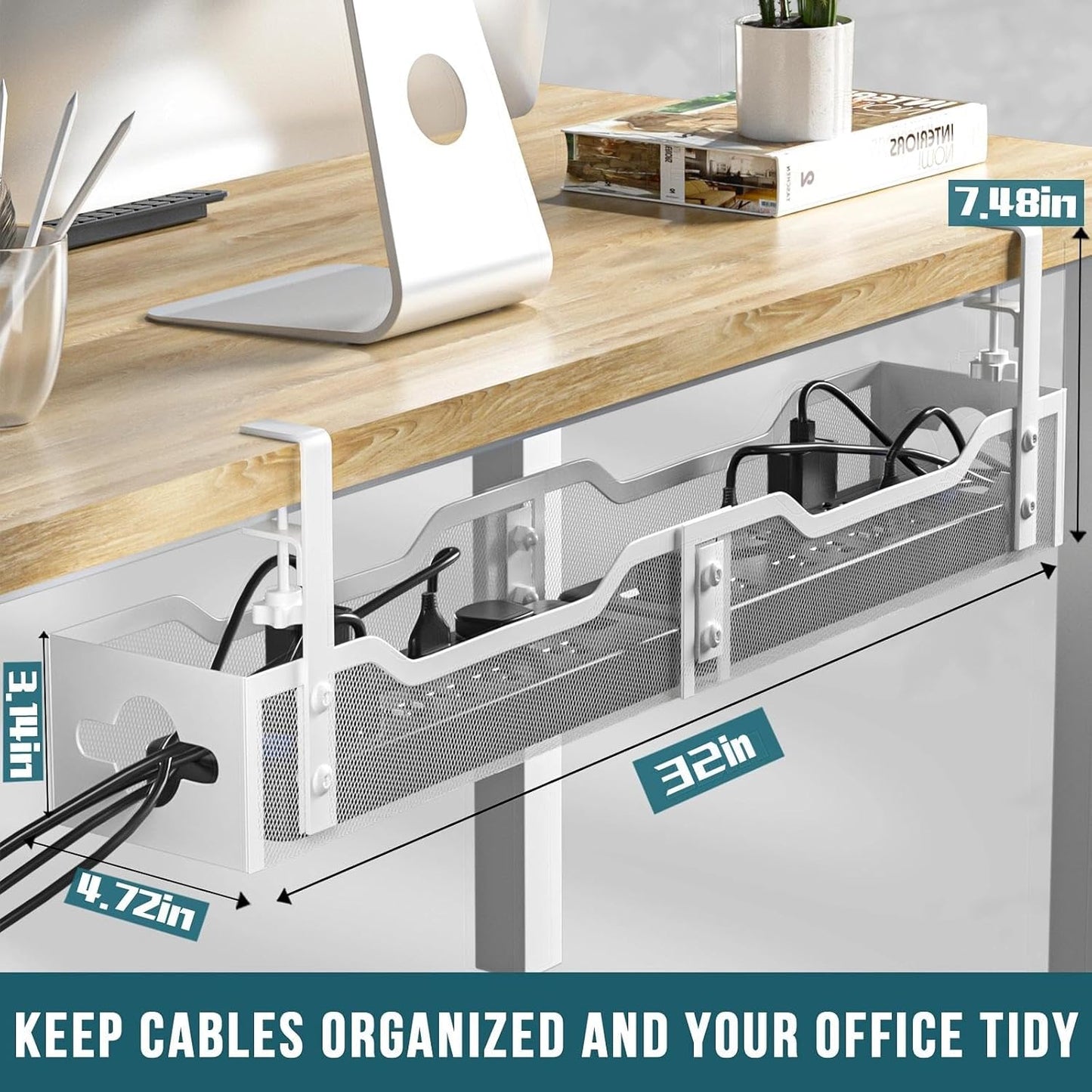 Under Desk Cable Management Tray No Drill, Metal Mesh Cable Management Under Desk with Clamp Mount, 2 Hole Cable Tray with Wire Management and Cord Organizer for Home Office Standing Desk