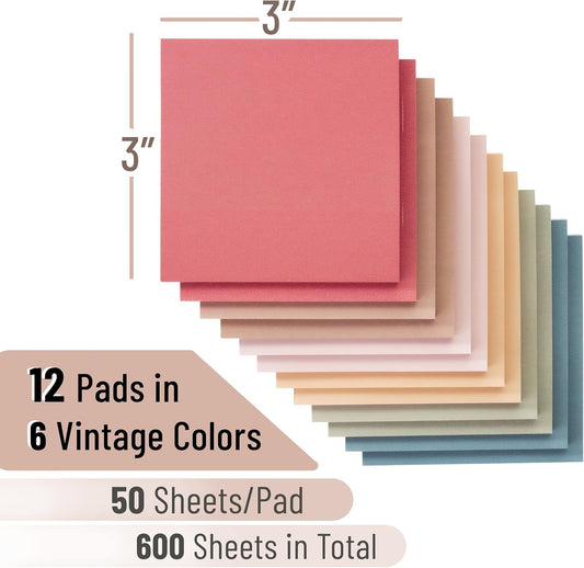 Mr. Pen- Sticky Notes, 3"x3", 12 Pads, 600 Sheets, Vintage Colors, Sticky Notes Bulk, Self-Stick Note Pads, Perfect for Office, School, Home, Study & Organization