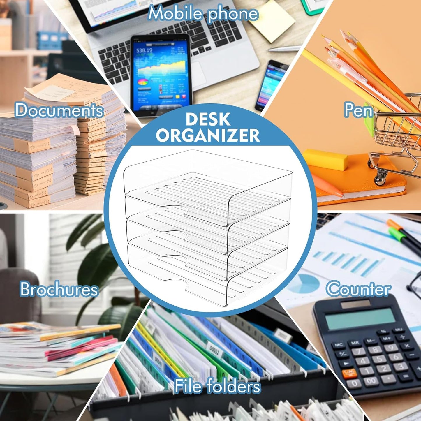 Paper Organizer Letter Tray - Acrylic Stackable Desk File Organizer with 5-Gird Tray and Pencil Holder, Clear File Organizer for Desk, Office Organizer for File Paper, Ipad, Letter, Small Item Etc