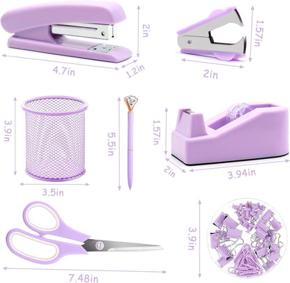 Famassi Rose Gold Desk Accessories，Office Supplies Set Acrylic Stapler Set Staple Remover, Tape Holder, 2 Ballpoint Pen, Scissor, Binder/Paper Clips and 1000pcs Staples.