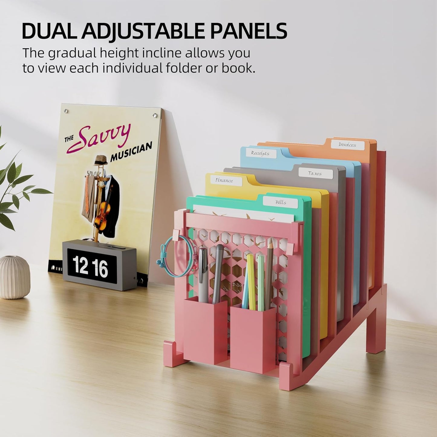 File Organizer for Desk with Storage Box & Hook, Inclined Desk File Organizer with 5-Section Vertical File Holder Suitable for Home Office Document Organization (Black)