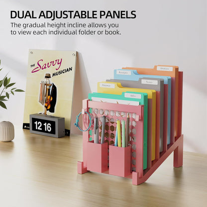 File Organizer for Desk with Storage Box & Hook, Inclined Desk File Organizer with 5-Section Vertical File Holder Suitable for Home Office Document Organization (Black)