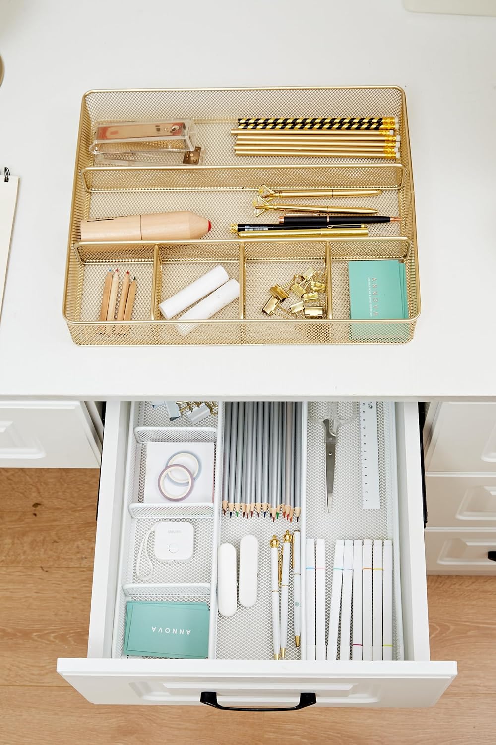 Annova Desk Drawer Organizer Tray for Office Organization - Metal Mesh - Storage Tray with Dividers for Pens, Desktop Accessories, Bathroom, Kitchen, Makeup and Office Supplies (Small, Gold)