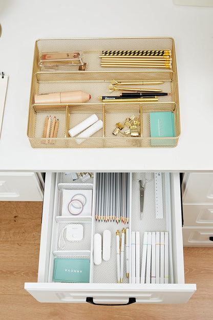 Annova Desk Drawer Organizer Tray for Office Organization - Metal Mesh - Storage Tray with Dividers for Pens, Desktop Accessories, Bathroom, Kitchen, Makeup and Office Supplies (Small, Gold)