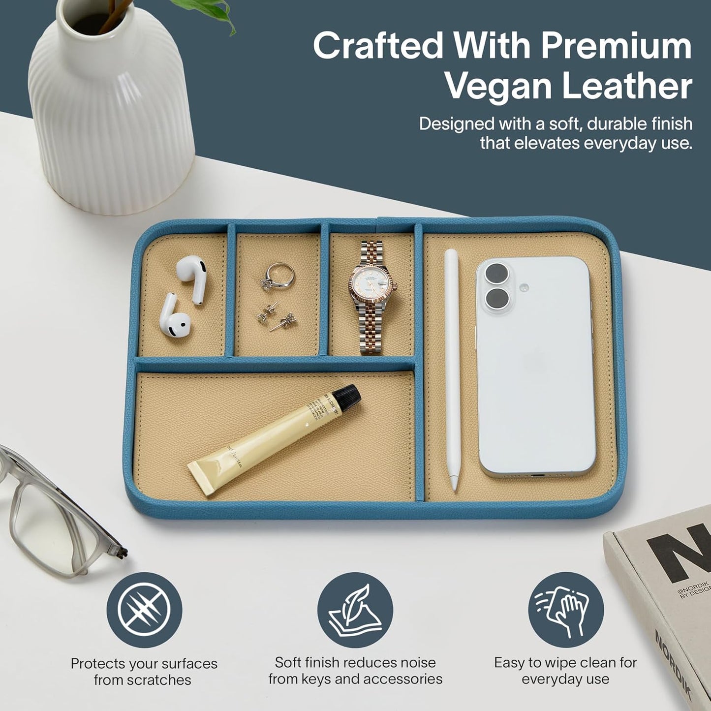 Nordik Leather Valet Tray - Sand Brown - 9.5 x 7.9 Inch Medium Vegan Leather Tray - Stylish Nightstand Organizer for Men - Modern Bedside Caddy - EDC Catchall for Key Watch Wallet Jewellery