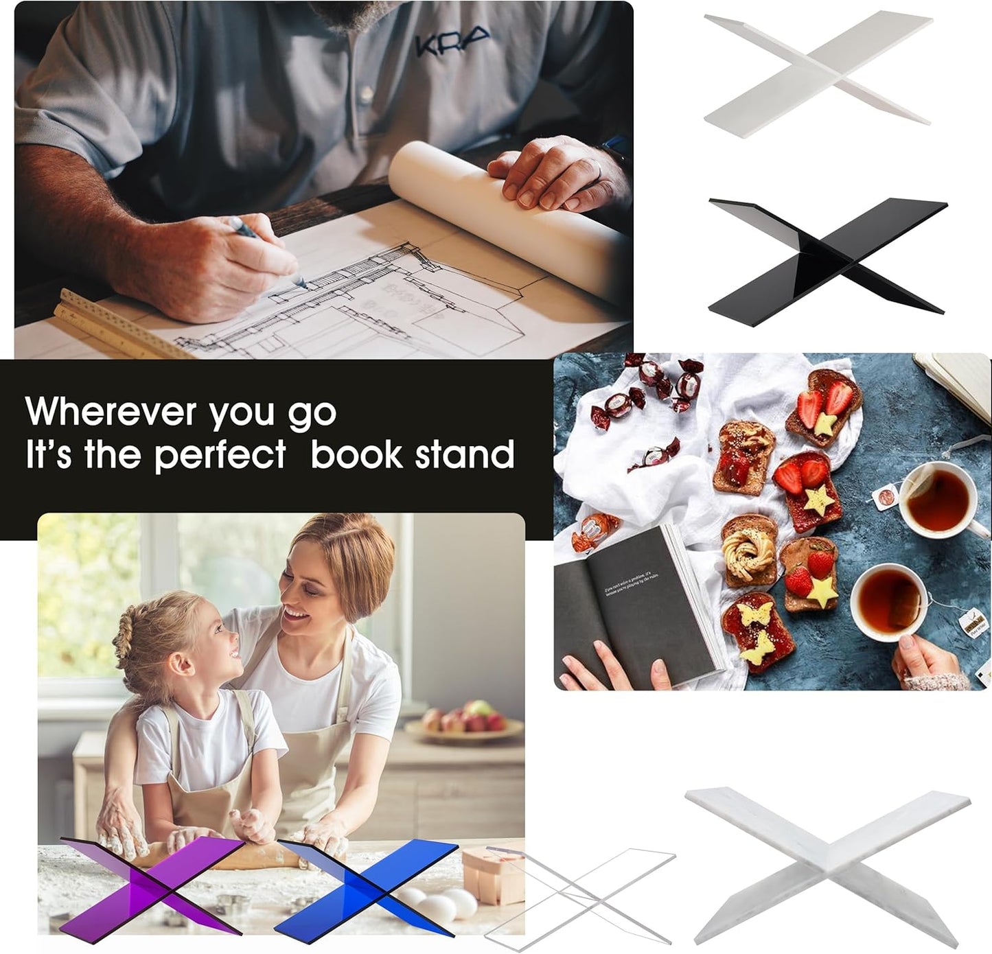 Large Clear Acrylic Book Stand - Perfect for Displaying Open Books on Your Coffee Table - Ideal for Bibles, Cook Book, Guest Books, Magazines, with a Lucite Paperweight(Marble Pattern)