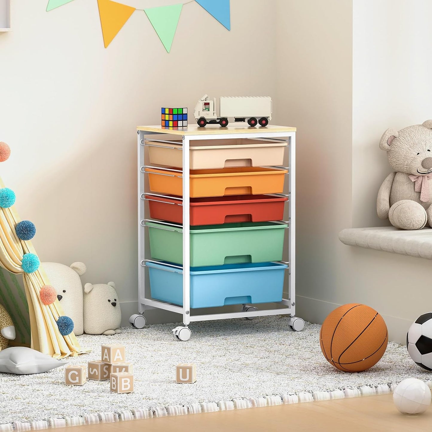 SYKIARIOL Utility Cart with 5 Drawers,Storage Cart with Wooden Tabletop and Lockable Wheels,Craft Storage Trolley Organizer,5-Tier Rolling Utility on Wheels,Light Green