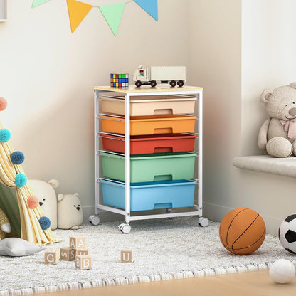SYKIARIOL Utility Cart with 5 Drawers,Storage Cart with Wooden Tabletop and Lockable Wheels,Craft Storage Trolley Organizer,5-Tier Rolling Utility on Wheels,Light Green