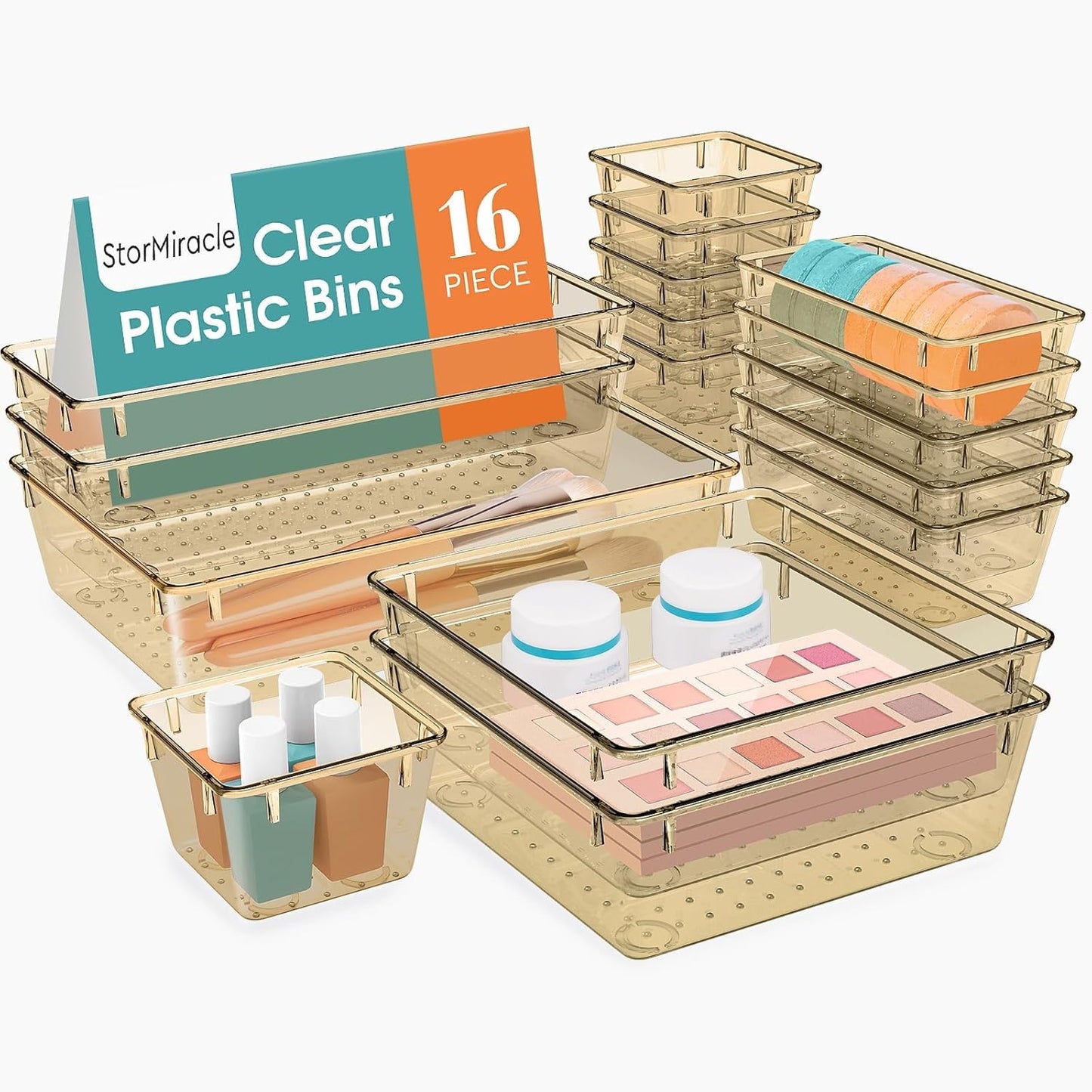 StorMiracle 16 PCS Drawer Organizer Set, 5 Varied Size Bathroom and kitchen Drawer cabinet organizer Trays, Clear Storage Bins for Makeup, Jewelry, Utensils and Gadgets
