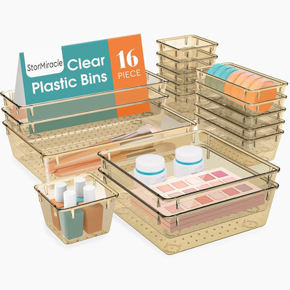 StorMiracle 16 PCS Drawer Organizer Set, 5 Varied Size Bathroom and kitchen Drawer cabinet organizer Trays, Clear Storage Bins for Makeup, Jewelry, Utensils and Gadgets
