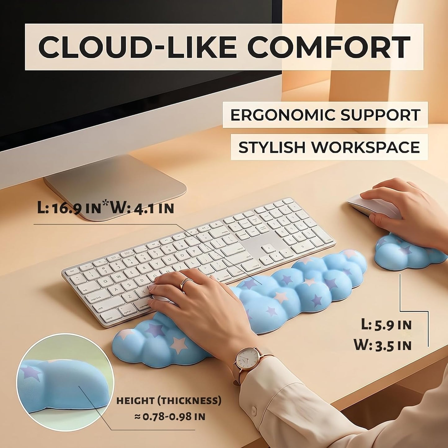 Cloud Wrist Rest Set for Keyboard and Mouse, Includes Cute Coaster, with Computers and Laptops（Purple Star Set）