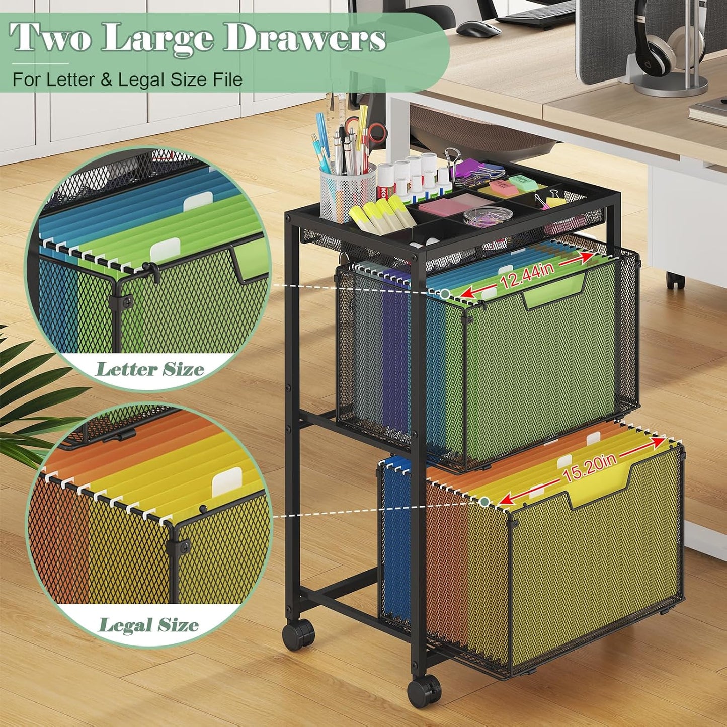 Rolling File Cart with 3 Storage Drawers, Under Desk Filing Cabinet with DIY Divider, Hanging File Folder Organizer on Wheels, Fits A4/Letter Size, Metal Utility Cart for Home Office, Black