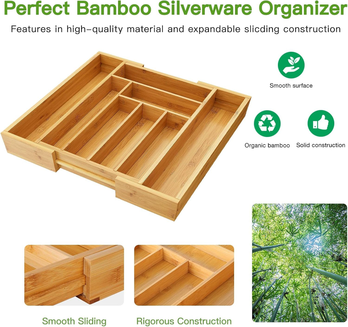 Pipishell Bamboo Expandable Silverware Drawer Organizer, Adjustable Kitchen Utensil Tray for Forks, Spoons and Knives, Wood Storage Cutlery Holder for Bedroom and Living Room