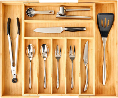 Umilife Expandable Kitchen Drawer Organizer, 2.5" High Bamboo Utensils Silverware Tray, Adjustable Large Deep Wood Organization Holder